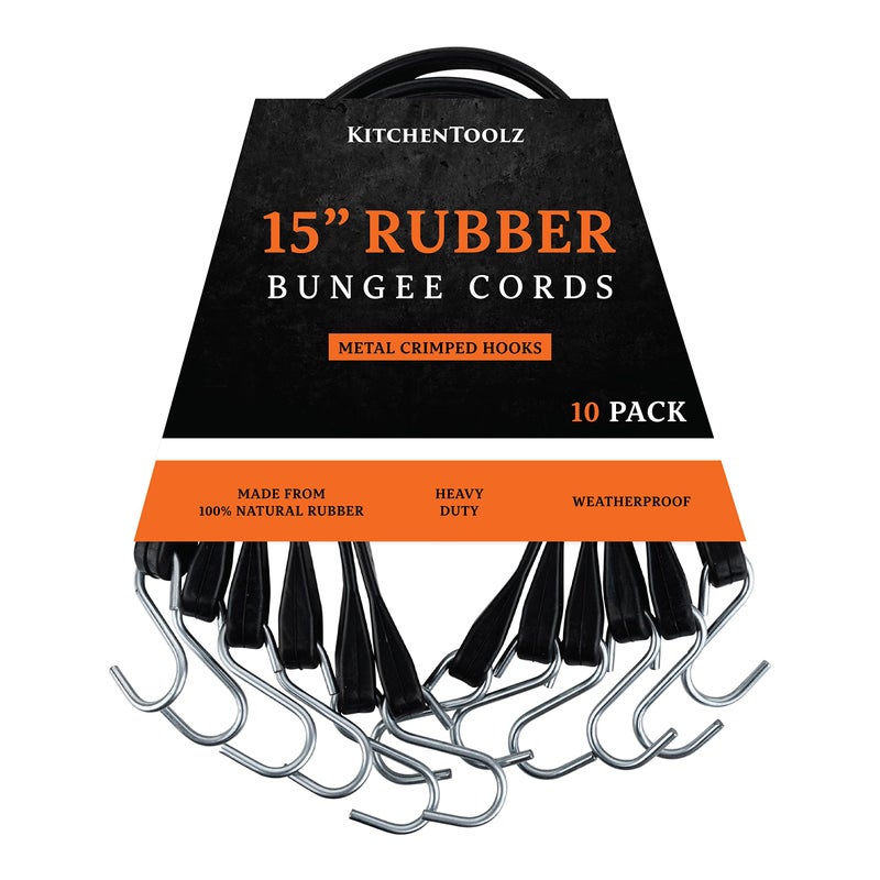 kitchentoolz 15" Inch 10 Pack Rubber Bungee Cords with Metal Hooks for Flatbed Trucks- Heavy Duty Tarp Tie Down Straps - Image 1